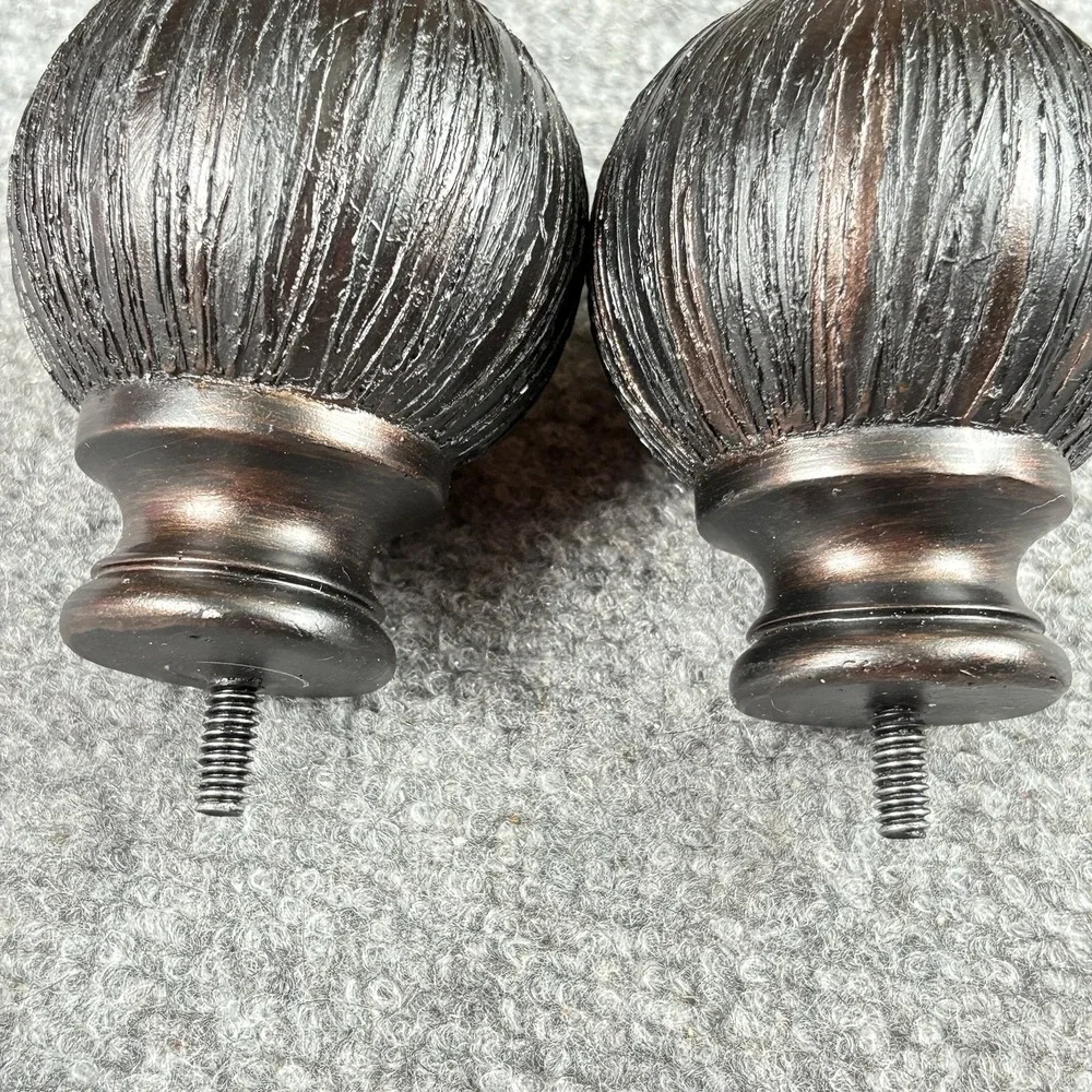 90s Ball-Shaped Curtain Rod Finials Pair of 2 Black‎ Bronze Striated Texture VTG